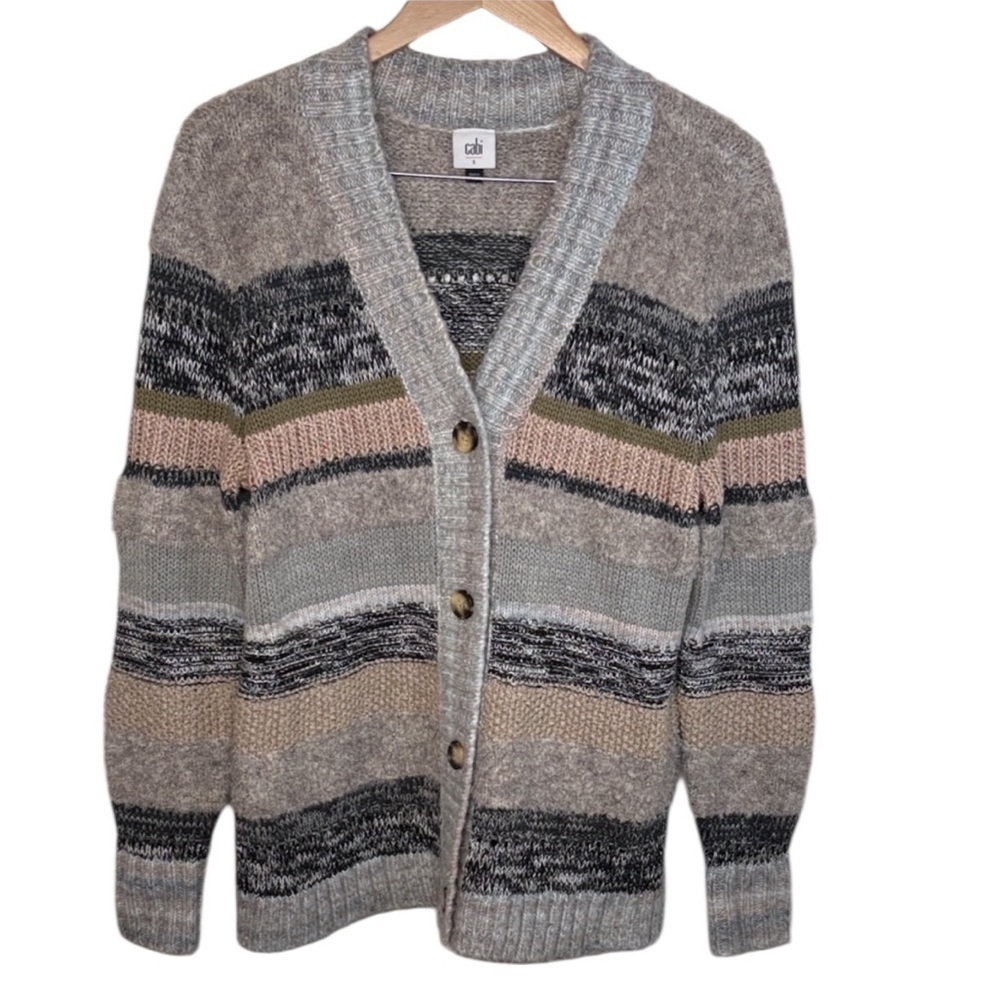 Cabi Brown Grey Cotton Wool Striped Boyfriend Cardigan 4471 Women Size S
